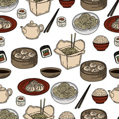 Seamless pattern of asian food on white background.