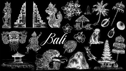 Set of hand drawn sketch style Bali themed objects isolated on black background. Vector illustration.