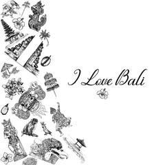 Composition of hand drawn sketch style Bali themed objects isolated on white background. Vector illustration.