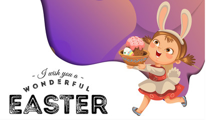 Little girl smile running hunting decorative chocolate egg in easter bunny costume ears and tail vector illustration, spring holiday fun isolated on white, baby run with paschal basket for eggs hunter