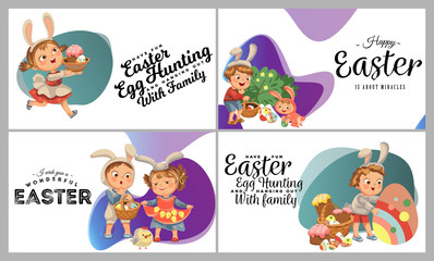 Set of Happy kids in bunny costume with ears hunting easter eggs, childrens play rabbits on spring holiday, decorative basket under bush vector illustration