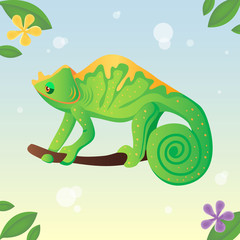 Iguana on the tree. Chameleon and leaves. Vector illustration. Cartoon style.