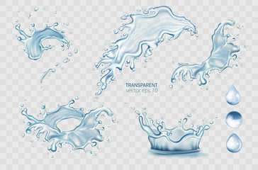 Premium cold water pouring down isolated vector illustration icons. Crown splashing on light transparent background. Realistic fresh aqua drops, blue liquid waves. Soda, soft drink, cocktail, lotion.