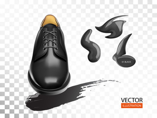 Footwear 3D realistic with shoecare cream isolated vector illustration for cobbler shoe shop for ads, promo, web design, flyers, print, brochures, banners of accessories kit for shoeshine service .