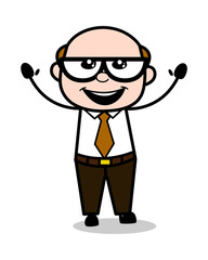 Raising Hands with Joy - Retro Cartoon Office old Boss Man Vector Illustration