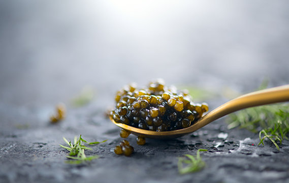 Black caviar in a spoon on dark background. Natural sturgeon black caviar closeup. Delicatessen