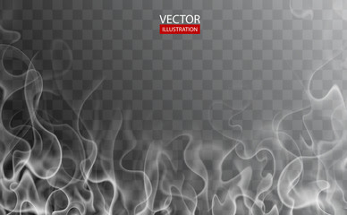 Hot steam over cup on dark or transparent background. White cigarette smoke wave. Set of fume on water, tea, food, coffee, ice. Vapor, mist, cloud, gas, fog vector illustration. Hazy fragrance on ice
