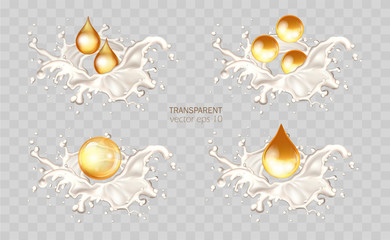 lGolden hair oil ads, beautiful essential oil splashing in 3D illustration. Vector cream, yogurt lotion, cosmetic milk for face and hands. Promotion of premium product ads. Milk waves, drops and blots