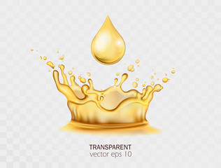 Transparent mango, pineapple, papaya, orange coctail.  Essential oil crown splashing 3D illustration. Vector cream, lotion, cosmetic oil. Promo of petrol, gasoline. Fresh tropical juice waves, drops