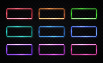 Colorful neon frames set. Red, green, blue, pink yellow purple rectangle backgrounds. Color square light logo. Illuminated geometric shapes vector illustration.