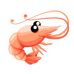 Cute shrimp. Cartoon animal character design. Swimming crustaceans. Flat vector illustration isolated on white background