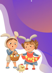 little girl smile holding in her dress chickens, baby in apron with rabbit ears headband, happy boy easter bunny mask for costume holding basket for hunting eggs vector illustration isolated on white