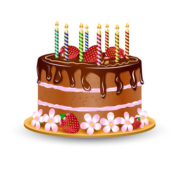 BIrthday cake with burning candles, chocolate creme, strawberry and flowers. Isolated cake. Family party. Vector Illustration.