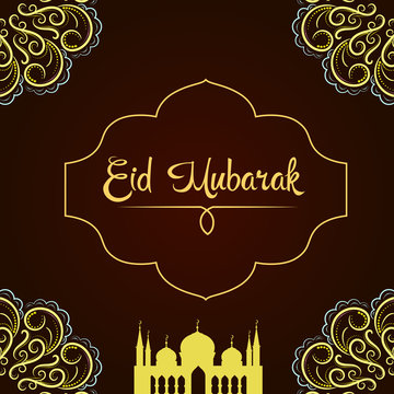 Eid Mubarak greeting card with mosque and ornaments.Oriental style. Vector Illustration