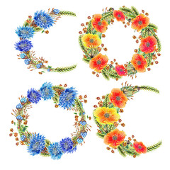 Set with 4 isolated elements. Wreaths with red poppy, cornflower and leaves on a  white background.Hand painted in watercolor.
