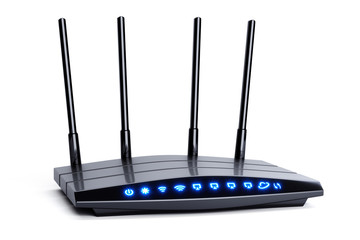 Wireless wi-fi black router with four antennas and blue indicators