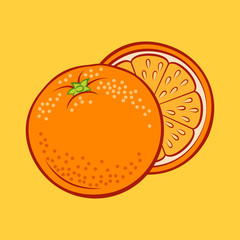 Illustration of Juicy Stylized Whole and Half Orange. Icon for Food Apps and Stickers Isolated on a Yellow Background