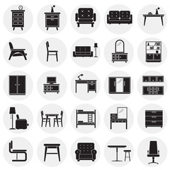Furniture icons set on cirlces background for graphic and web design. Simple vector sign. Internet concept symbol for website button or mobile app.