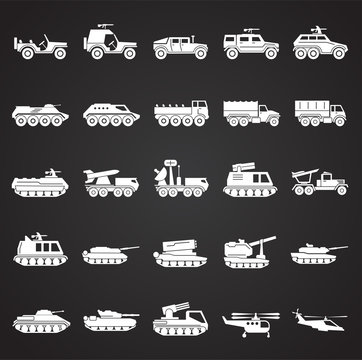 Military vehicles icons set on black background for graphic and web design. Simple vector sign. Internet concept symbol for website button or mobile app.