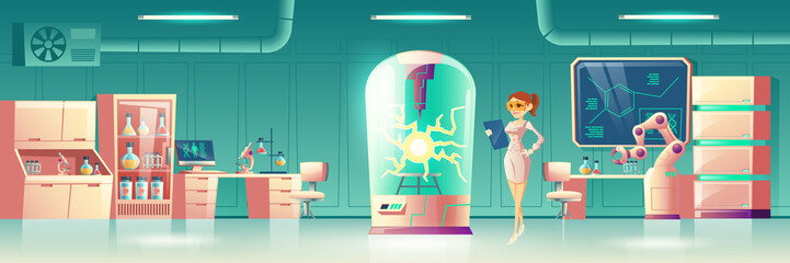 Science experiment in future laboratory cartoon vector concept. Scientist, human genome researcher with tablet in lab with robotic hand, chemical reagents and glass box for reactions illustration