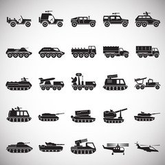 Military vehicles icons set on white background for graphic and web design. Simple vector sign. Internet concept symbol for website button or mobile app.