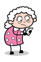 Operating Smartphone - Old Cartoon Granny Vector Illustration
