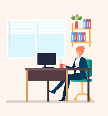 Happy smiling woman secretary office worker character working at workplace. Business occupation working time concept. Vector design graphic flat cartoon isolated illustration