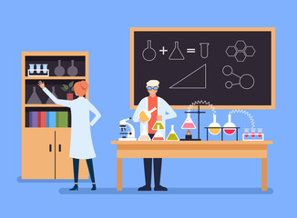 Professors doctors scientist people characters in uniform inventing new medicine cure. Science experiment concept. Vector design graphic flat cartoon isolated illustration
