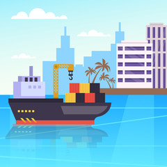 Obraz premium Big container freight ship in seaport harbor. Global cargo delivery shipping industry. Vector design graphic flat cartoon isolated illustration