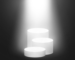 Round pedestal sanctified with light. Empty white podium illuminated mockup isolated on black background. Champion, first place, award, win, winner, award stair concept design. Vector