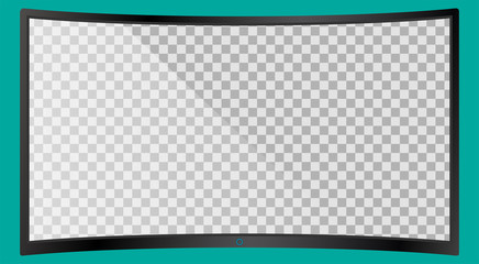 Realistic modern curved 4k TV monitor isolated on cyan background. Empty transparent screen template mockup. Blank copy space on PC screen. Vector illustration