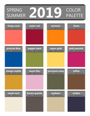 Spring and summer 2019 colors palette. Fashion trend guide. Palette fashion colors guide with named color swatches, RGB and TCX. Color of the year - living coral. Vector illustration
