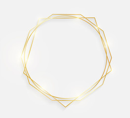Gold shiny glowing vintage frame with shadows isolated on white background. Decorative golden luxury line border for invitation, card, sale, photo etc. Vector illustration