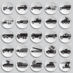 Military vehicles icons set on plates background for graphic and web design. Simple vector sign. Internet concept symbol for website button or mobile app.