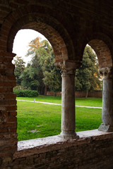 arcades and garden of abbey Pomposa, Italy