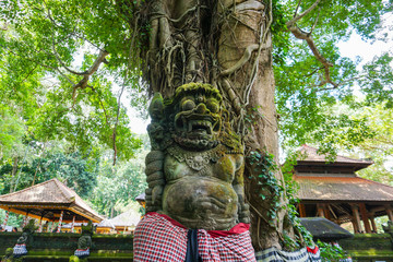 A moss covered statue of the god Barong in the Monkey Forest of Ubud, Bali, Indonesia,19.08.2018