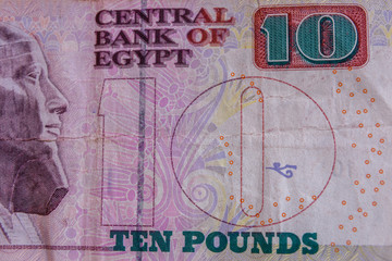 Closeup of egyptian ten pounds banknote