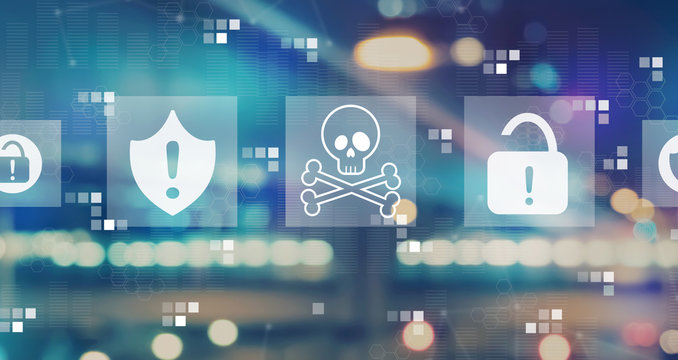 Virus and scam theme with blurred city abstract lights background