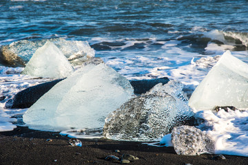 Icebergs on the coast of Diamond beach near Jokulsarlon in South Iceland