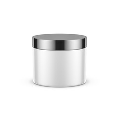 White cylindrical jar mockup for cosmetics with chrome cap, 3d rendering