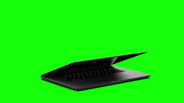 Laptop with blank screen isolated on green background. Whole in focus. 4K