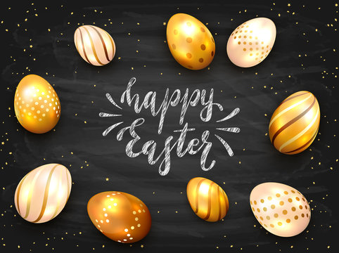 Lettering Happy Easter with Golden Eggs on Black Chalkboard Background