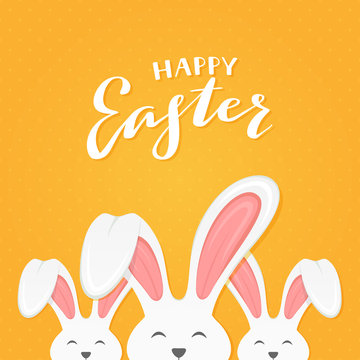 Orange Background with Text Happy Easter and Bunny Ears