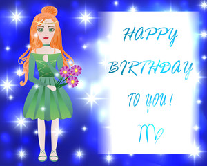 Happy birthday greeting card. Zodiac sign in chibi style. Vector illustration.