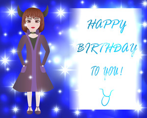 Happy birthday greeting card. Zodiac sign in chibi style. Vector illustration.