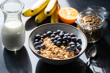 Tasty Granola And Blueberries In Bowl On Black Table. Harsh Morning Sunlight. Healthy Breakfast Cereals