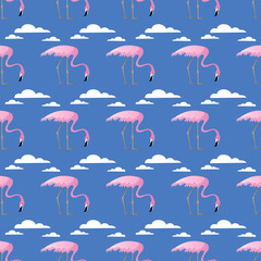 Obraz premium Seamless pattern with pink flamingos and clouds on blue background. Funny tropical illustration