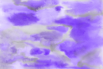 Fototapeta na wymiar Violet watercolor abstract background with waves and strokes on white paper background. Trendy look. Chaotic abstract organic design.