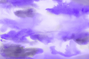 Fototapeta na wymiar Violet watercolor abstract background with waves and strokes on white paper background. Trendy look. Chaotic abstract organic design.