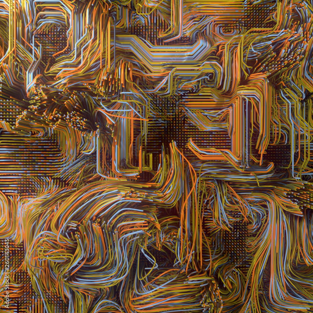 Poster Psychedelic interweaving colored lines. Digital abstract background. Modern covers design. 3d rendering